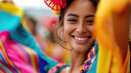 Fototapeta premium Vibrant Colombian Woman Dancing Cumbia in Colorful Dress - Energetic Ethnic Dance Celebration