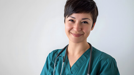 Photo of a short-haired woman in doctor's scrubs smiling kindly against a white background 