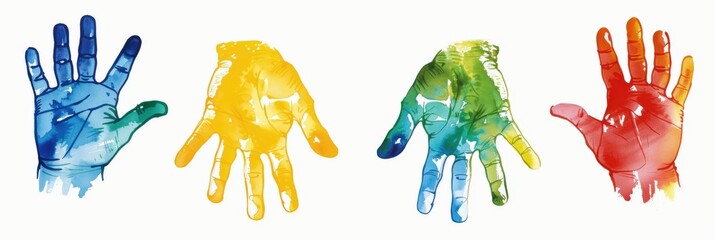 Four watercolor handprints in blue, yellow, green and red on a white background.