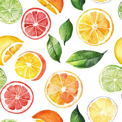 Exotic Tropical Citrus Orange Watercolor Seamless Pattern Design with Isolated White Background