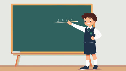 Vector of a Child Doing an Exercise on the Blackboard in Class