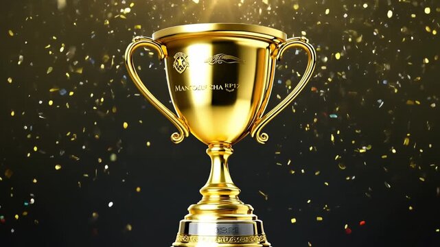 A gold trophy cup with the words "Manhattan Beach" on it. The cup is surrounded by a lot of sparkles, giving it a shiny and celebratory appearance