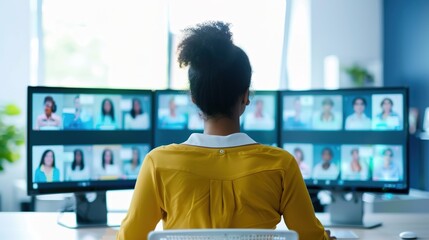 Leading Virtual Presentations: Professional Woman in High-Tech Workspace