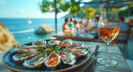 Enjoying a plate of fresh oysters paired with rose wine, set against the picturesque backdrop of the ocean at a coastal restaurant.