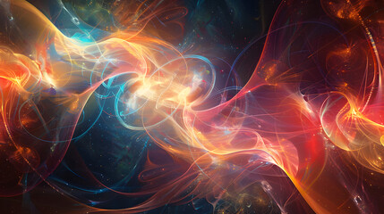 Quantum realm with subatomic particle avatars connected by probability waves.