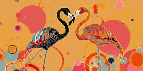 Obraz premium Two colorful flamingos on an abstract background.
