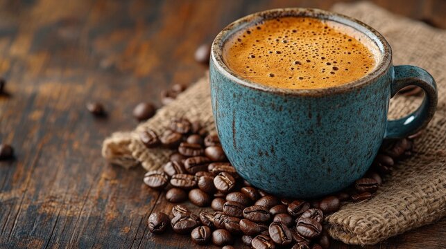 A close-up of a blue ceramic mug filled with coffee, resting on a burlap sack and surrounded by coffee beans.