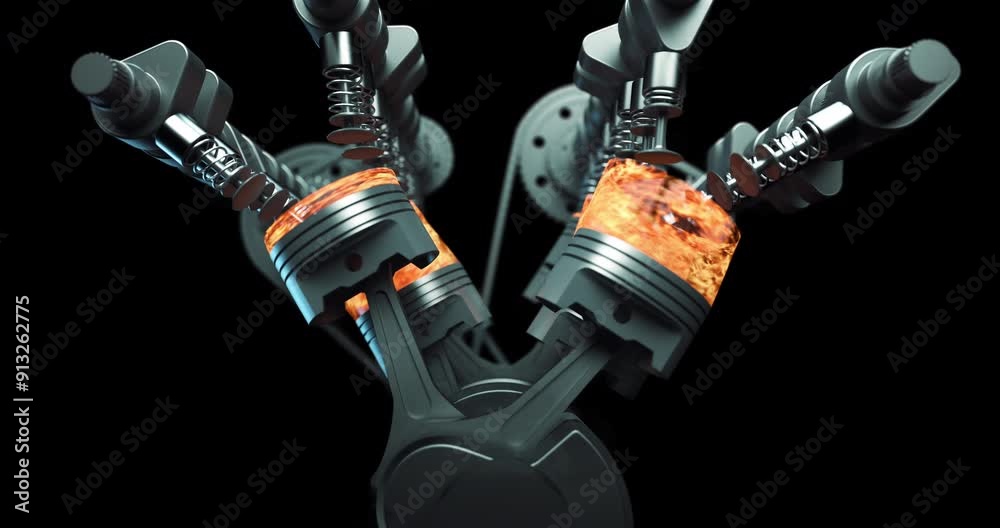 Poster moving parts of 3d v8 car engine. pistons, chains and crankshaft moving. industry related high quali