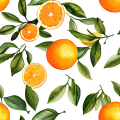 Exotic Tropical Citrus Orange Watercolor Seamless Pattern Design with Isolated White Background