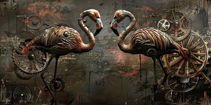 Two steampunk flamingos with gears and cogs.