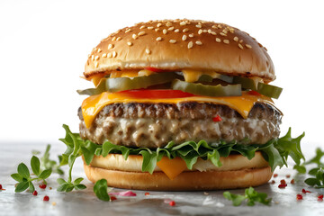 Close view of a cheeseburger with fresh greens on white