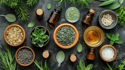 Top view of natural cosmetics, fruit and flowers in the background. International Self-Help Day