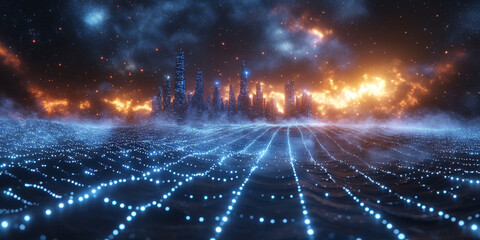 Obraz premium A digital concept of a smart city skyline over a network grid with floating particles, depicted in blue tones against a dark background