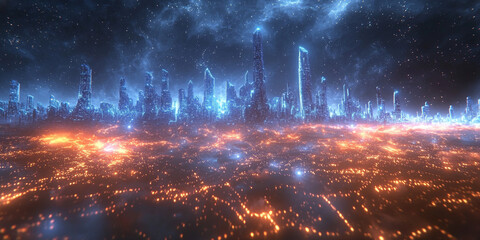 Fototapeta premium A digital concept of a smart city skyline over a network grid with floating particles, depicted in blue tones against a dark background