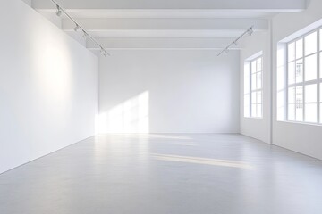Obraz premium An empty bright gallery room with large windows and smooth flooring inviting artistic displays. Generative AI