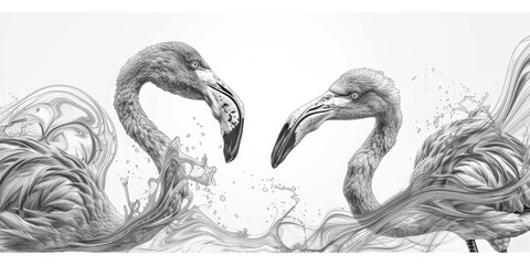 Two flamingos drawn in black and white.
