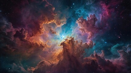 A colorful cloud filled with stars and a bright yellow star