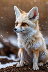 A small fox is sitting on a pile of dirt