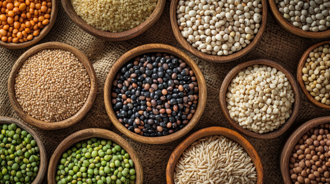 Assortment of various grains in wooden bowls and a spoon, showcasing healthy food diversity.