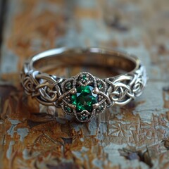 Close-up of a silver ring with a green gemstone.