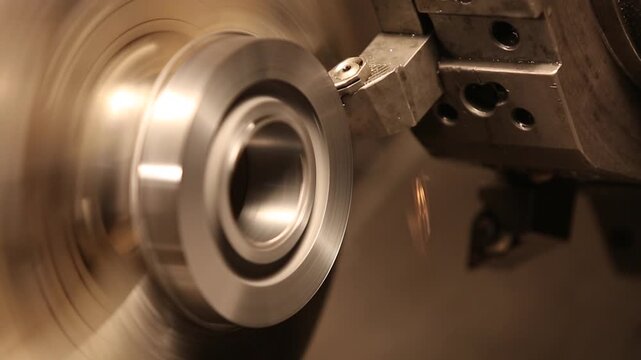 CNC turning machine high precision throwing coolant liquid on metal component in shaping forming process by computer numerical control automation milling workpiece using a rotating cutting tool