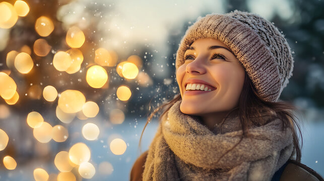 Woman in winter hat and scarf smiling outdoors at night with blurred Christmas lights in festive holiday atmosphere, copy space