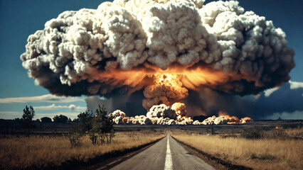 Nuclear bomb explosion, mushroom cloud, widescreen 16:9, 300 dpi, with space for text