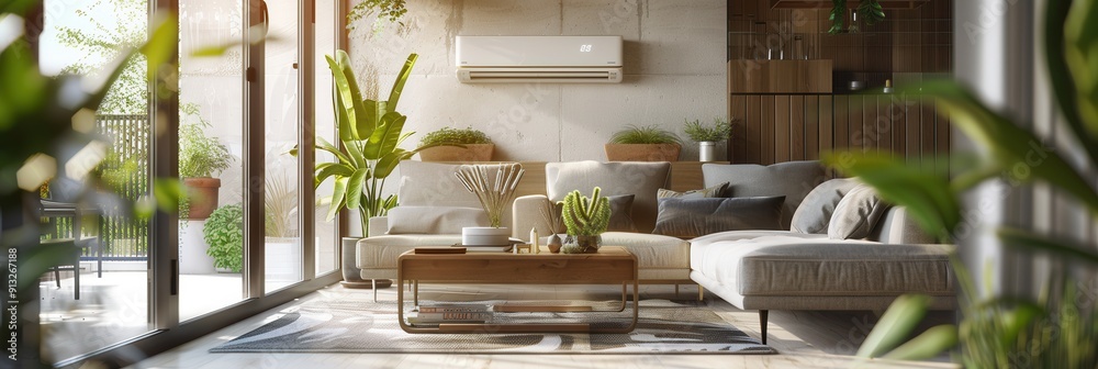 Poster a stylish living room features an air conditioner along with chic furniture and greenery, creating a