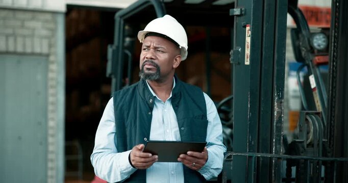 Shipping, man and tablet outdoor at warehouse for inspection, cargo control and supply chain management. Black worker, mature supervisor and tech for parcel tracking, distribution and export safety