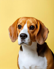 黄色い背景と、ビーグル犬のポートレート