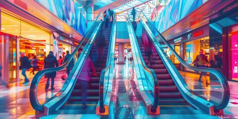 Two escalators in a brightly lit mall.