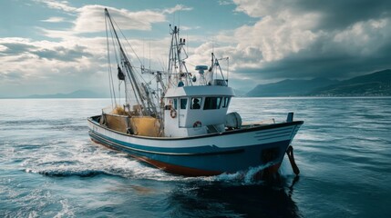Fototapeta premium A fishing boat cruises through tranquil waters as dark clouds gather overhead during dusk.