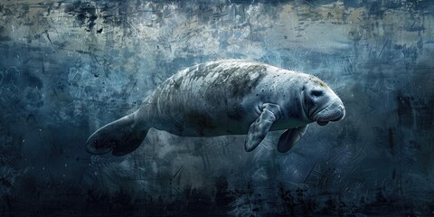 A manatee swims through blue, textured water.