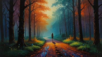 Digital painting of a serene forest scene. The layout features a central path that winds through the forest, leading the viewer's eye from the foreground to the background.The subject is a lone figure