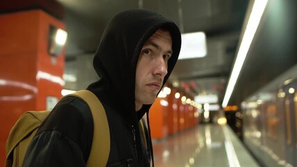 Close-up of a stern-looking suspicious hooded young man waiting for the arrival of the subway train at the station 4K