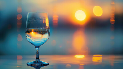 A clear glass of water reflecting a stunning sunset with bokeh lights in the background, creating a serene ambiance.