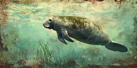 Fototapeta premium Manatee swims in turquoise water with seaweed.