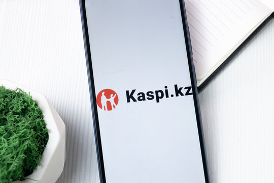 New York, USA - 1 August 2024: Kaspi.kz Joint Stock Logo on Phone Screen, Icon on Display