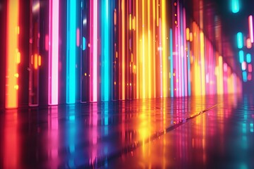 Bright neon bars create an energetic ambiance in a contemporary urban environment at night. Generative AI