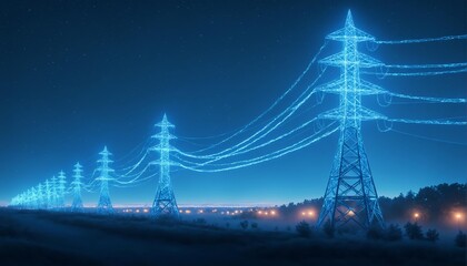 Efficient Power Distribution Grid with High Voltage Tower at Night