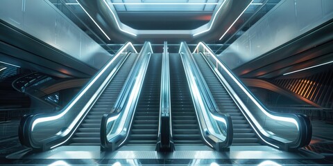 Fototapeta premium Three escalators in a futuristic building.