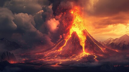 A dynamic volcanic eruption with lava flowing, ash clouds rising, and geological formations being reshaped