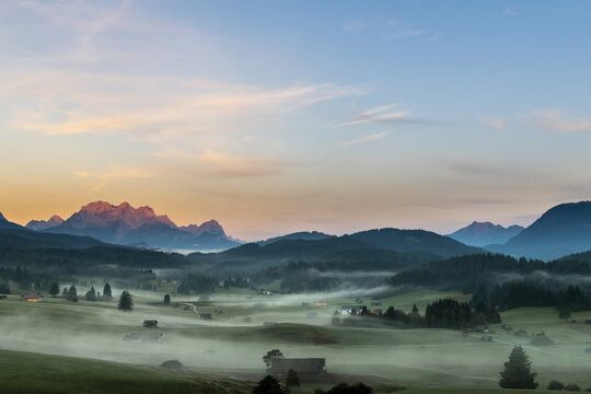 Mountain meadows with small huts in light ground fog and Zugspitz massif in the background at sunrise, Kr&uuml;n, Bavaria, Germany, Europe