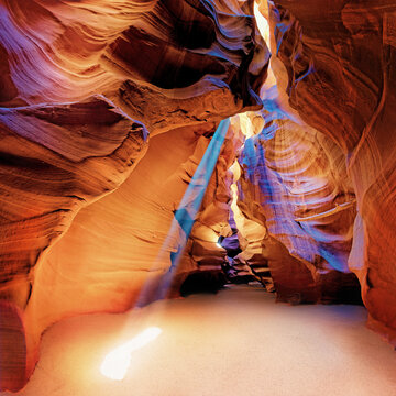 Incident light rays and yellow-red sandstone formations, Upper Antelope Canyon, near Page, Arizona, USA, North America