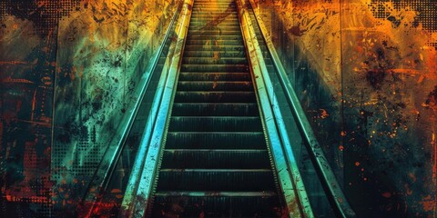 A rusted escalator against a colorful background.
