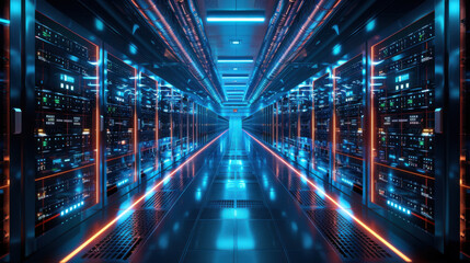 Obraz premium Modern data center hallway with rows of servers and illuminated blue lights, showcasing advanced technology and infrastructure.