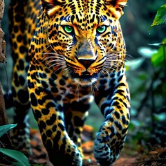 Obraz premium Un leopardo acechando a una presa en la selva