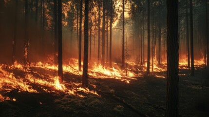 Obraz premium Bright flames consume underbrush as smoke billows through a forest, illuminating the darkening sky during twilight.
