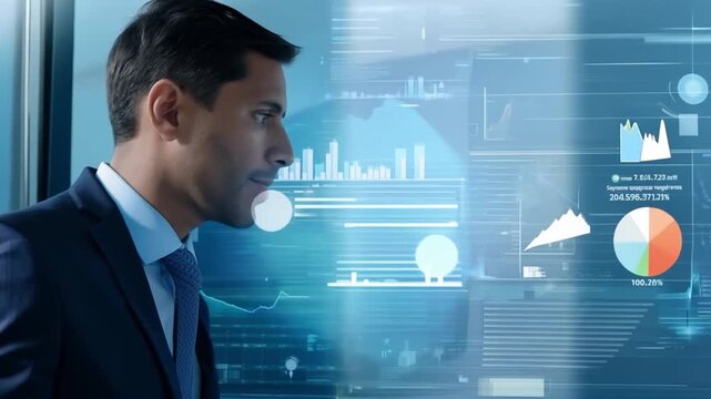 A man in a suit is looking out a window at a city skyline. Concept of longing or curiosity about the world outside