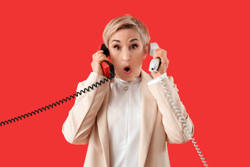 Shocked mature woman with two telephone receivers on red background